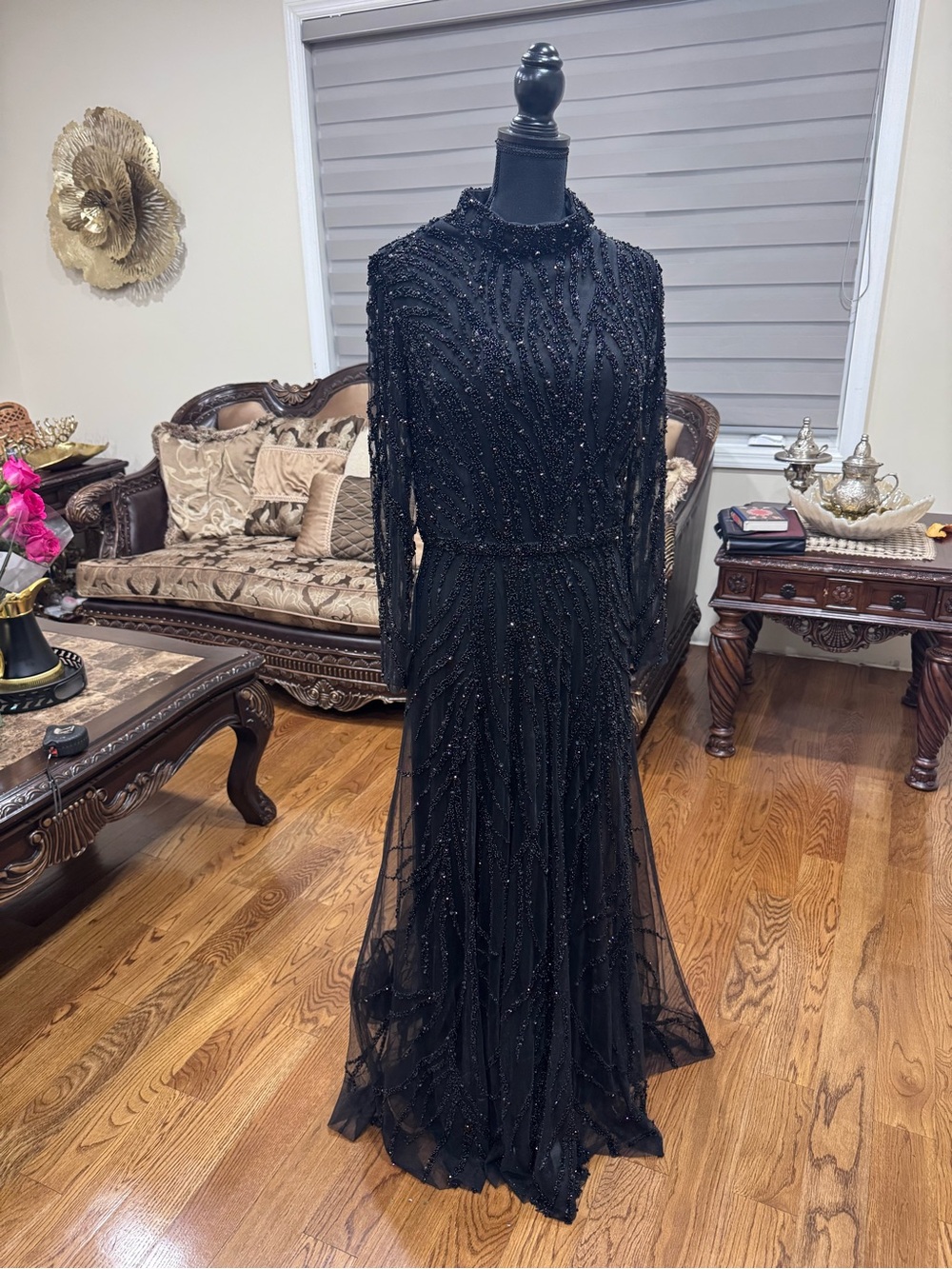 Elegant Black Beaded Long-Sleeve Evening Dress